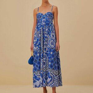 Farm Rio Blue Tile Dream Midi Dress Size Extra Small
